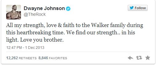 
	
	Dwayne Johnson: "Xin được gửi tới sự mạnh mẽ, tình yêu và sự chân thành tới gia đình Walker trong suốt thời gian đau buồn này. Chúng ta sẽ mạnh mẽ... trong ánh sáng của anh. Yêu cậu người anh em".